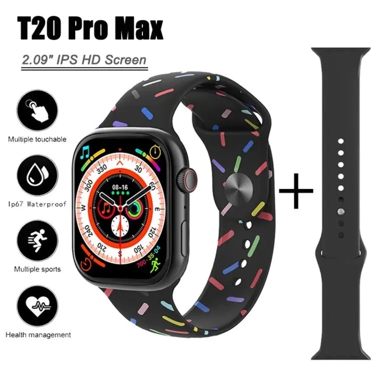 T20 PRO MAX Smart Watch Parameters: Product Model: T20 Pro max CPU: YC1137 Flash: 64 MB G-sensor: Supported Geomagnetic sensor: Supported Bluetooth: 5.0 LCD: 2.09" TP: Single touch compatible with COB capacitive multi-touch Heart rate sensor: heart rate and temperature in one Motor: Support Charging method: wireless charging Microphone: Supported Side key: Support Speaker: Support, speaker and receiver in one Power amplifier: Supported Battery capacity: 260mah Compatible systems: IOS 9.0 and above, Android 5.0 and above Message push language: multi-language